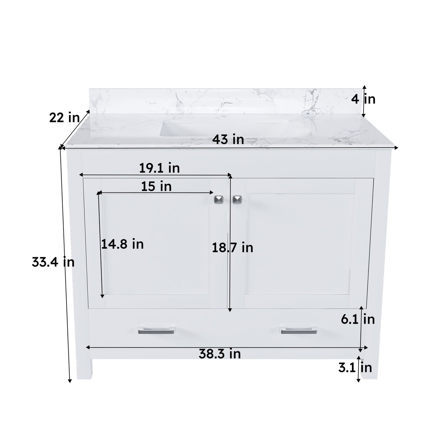 43" Bathroom Vanity With Artificial Marble Carrara Top Set, Multi Functional Cabinet With Doors And Drawer - White
