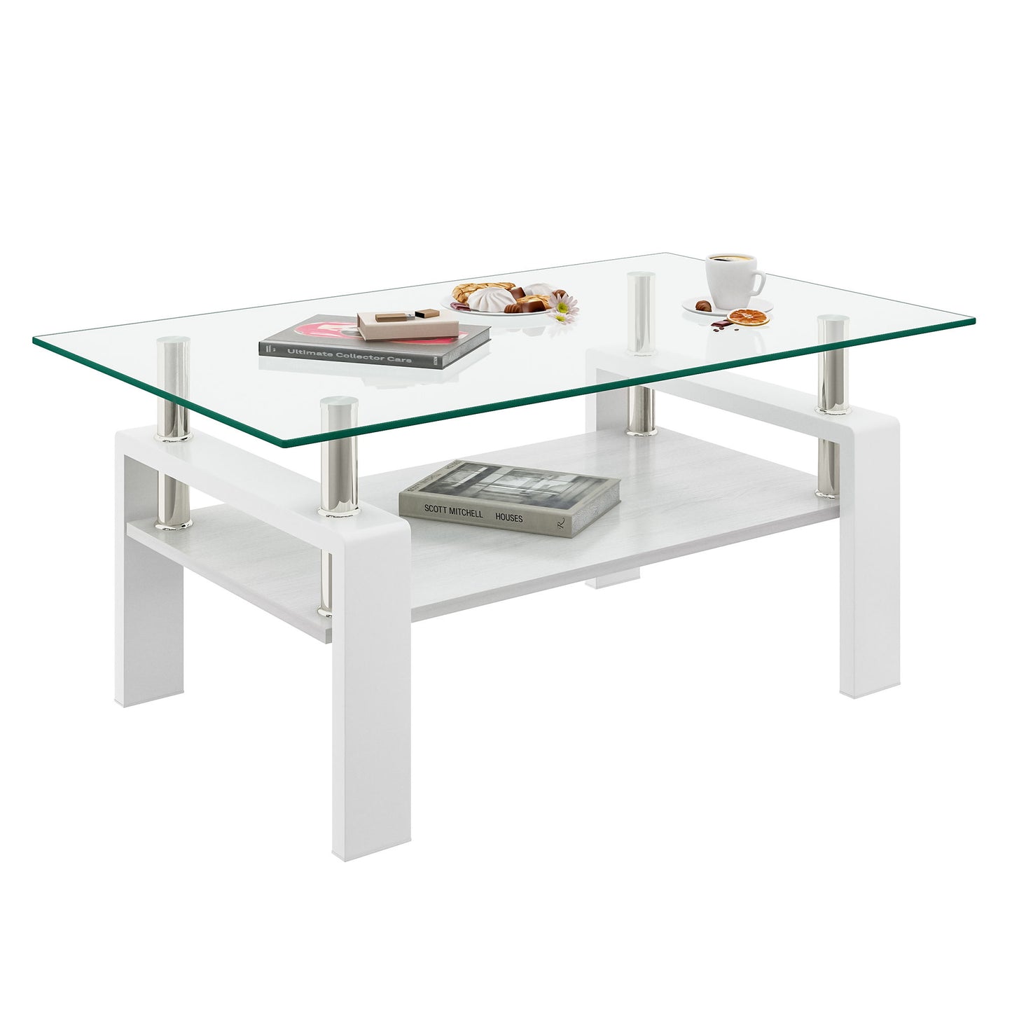 Modern Rectangular Coffee Table With Tempered Transparent Glass Top And Storage Shelf