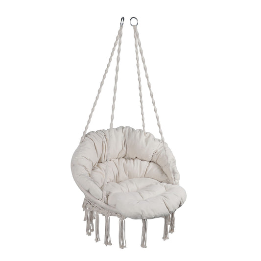 Macrame Hanging Hammock Chair With Cushion, Cotton Rope Swing For Indoor And Outdoor Use, 330 Lbs Capacity - Beige