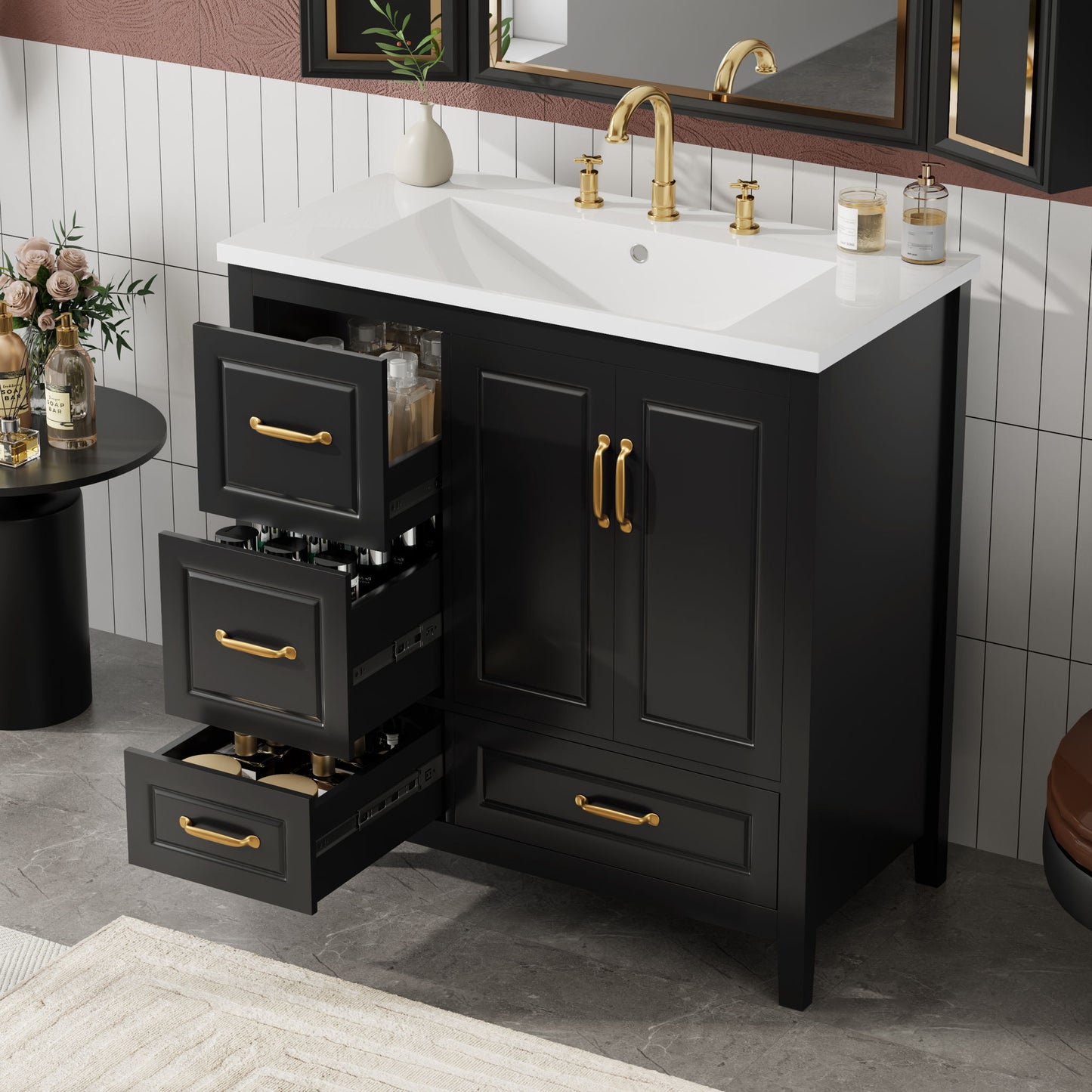 Bathroom Vanity With Sink, Soft Closing Doors & Drawers, Metal Handles