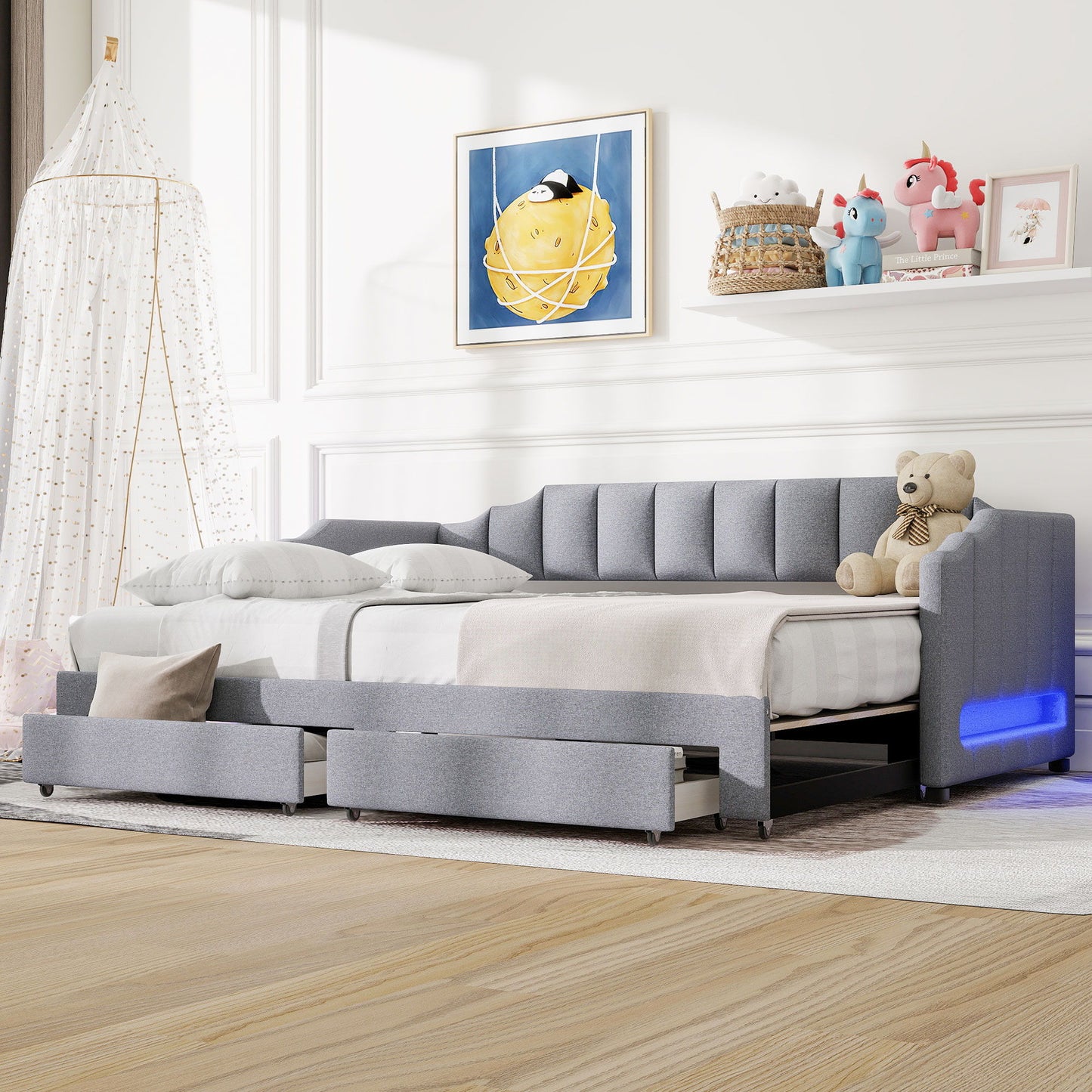 Extendable Daybed With LED Light And 2 Storage Drawers