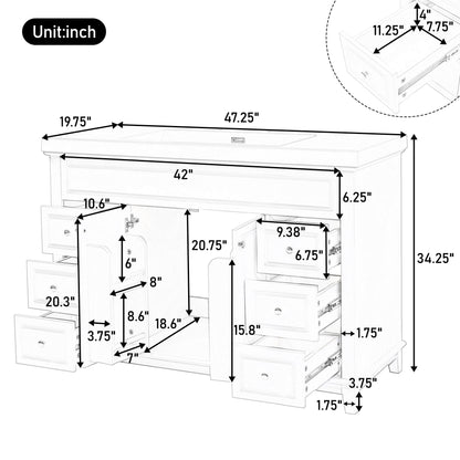 Bathroom Vanity Cabinet Only, 6 Soft Close Drawers & Double Doors With 2 Tier Shelves - White
