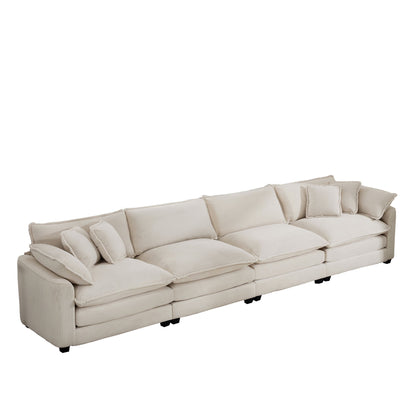 Modern Upholstered 4 Seater Corduroy Fabric Sofa With Arm And Throw Pillows