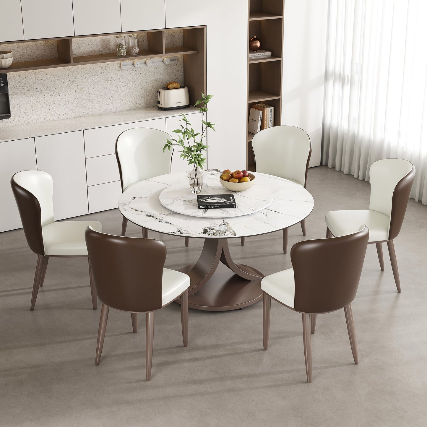 Round Dining Table With 360° Rotating Lazy Susan For Dining Room & Kitchen, 6 Chairs - White