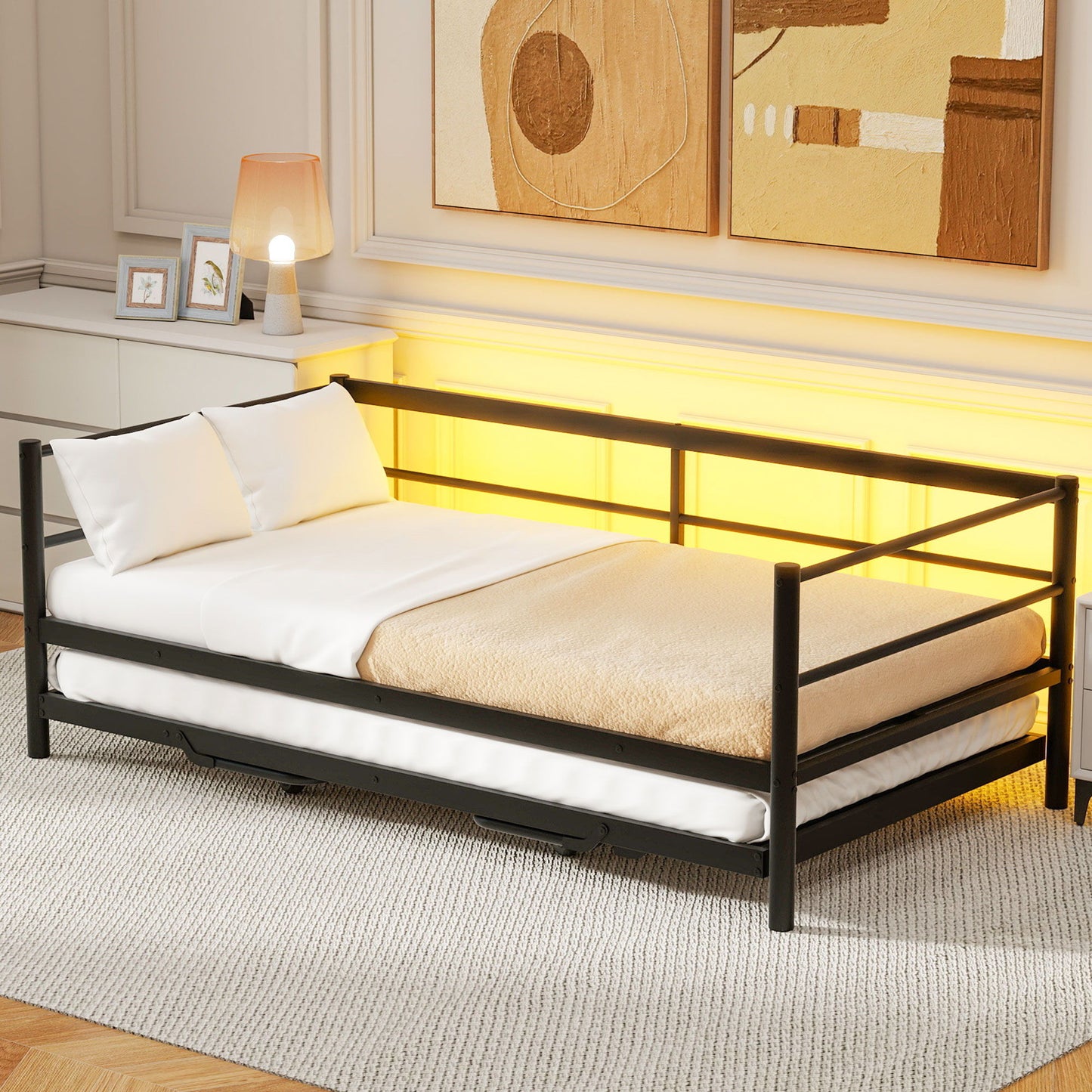 Industrial Metal Daybed With Adjustable Pop Up Trundle And LED Strip