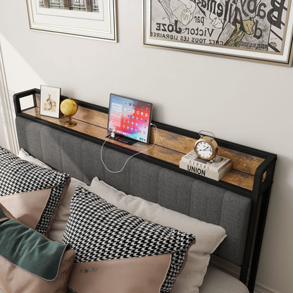 Bed With Charging Station, American Design Upholstered Headboard, Metal Platform