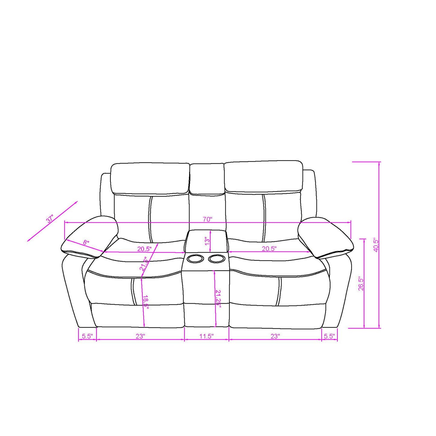 Blanche - Console Reclining Loveseat With LED Lights, Pillow Top Arms, Manual Recline, 2 Cupholders - White