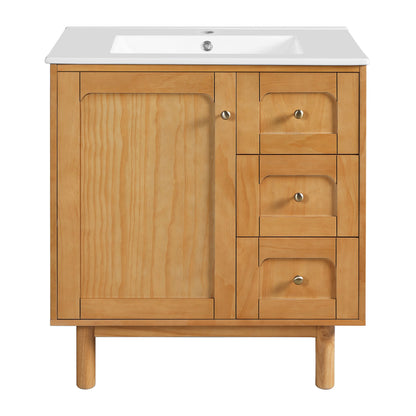 Bathroom Vanity With Sink, 3 Drawers, Soft Close Door - Natural Wood