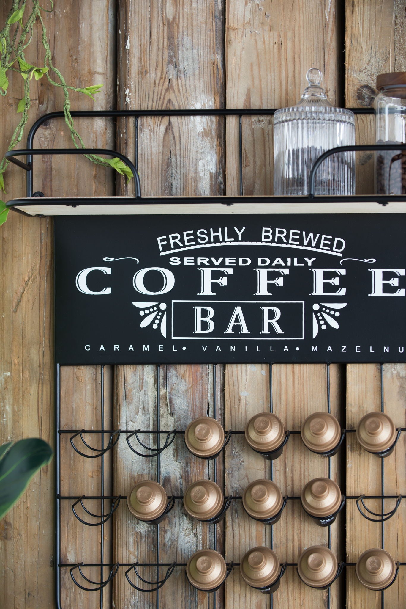 Floating Coffee Bar Shelf With Coffee Pod Holder, Hooks And Storage Shelf - Black