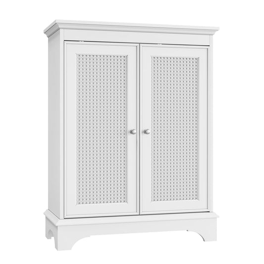 White 2 Door Rattan Storage Cabinet With Adjustable Partition, Medieval Modern Independent Buffet Cabinet, Multifunctional Decorative Cabinet Suitable For Living Room, Kitchen, Bathroom - White