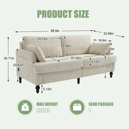 Chenille 2 Seater Sofa With LED Light, USB Charging Port, And Storage Bag