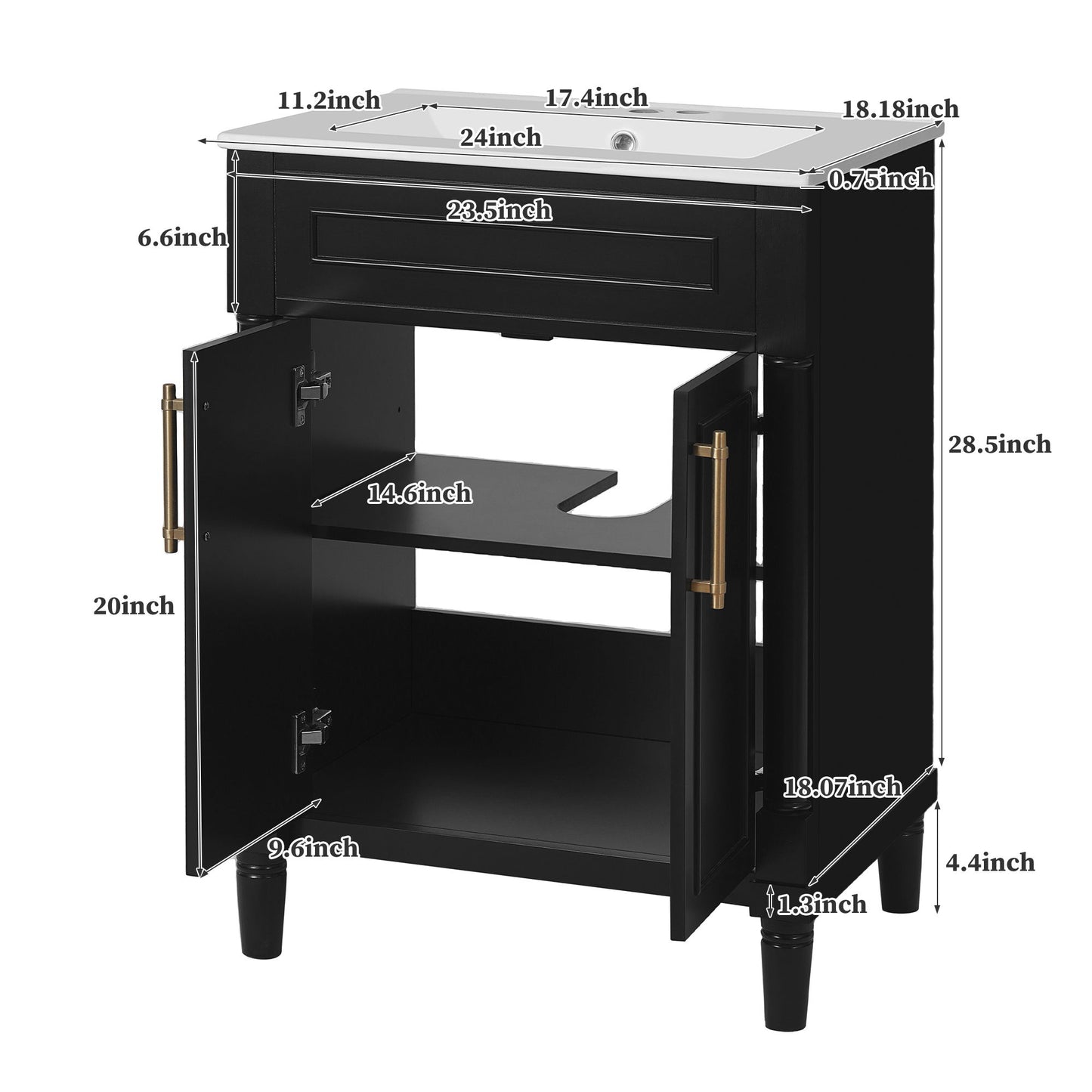 Bathroom Vanity With Integrated Sink, 2 Door Cabinet - Black