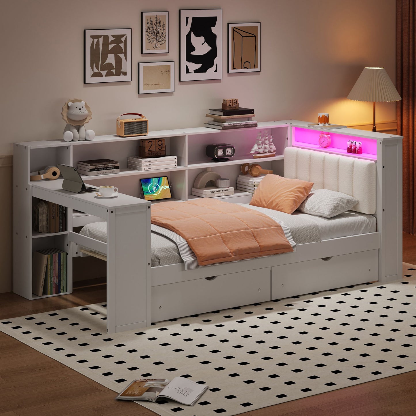Platform Bed With Upholstered Headboard, Storage Shelves, Drawers, Charging Station, LED Lighting, Built In Desk