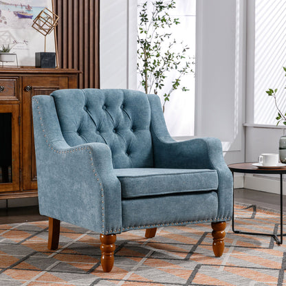 Accent Chair, Living Room Chair, Footrest Chair Set With Vintage Brass Studs, Button Tufted Upholstered Armchair For Living Room, Comfy Reading Chair For Bedroom, Reception Room