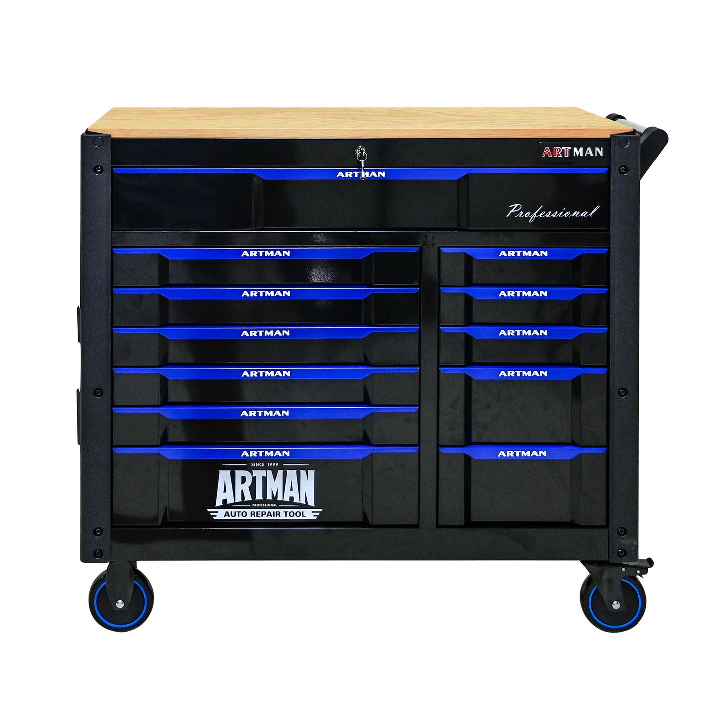 12 Layer Drawer Multi Purpose Tool Cart With Wheels And Wooden Countertops - Black / Blue