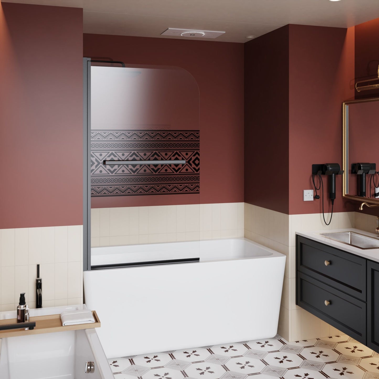 Bohemian Shower Door Bathtub With Tempered Glass And Handle - Matt Black