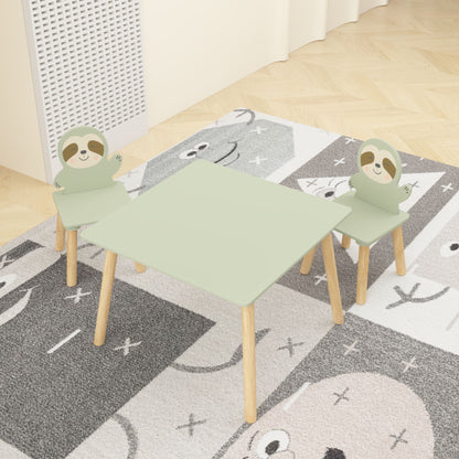 Sloth Themed Table And Chair Set With 2 Cute Animal Chairs - Natural Wood / Sage Green