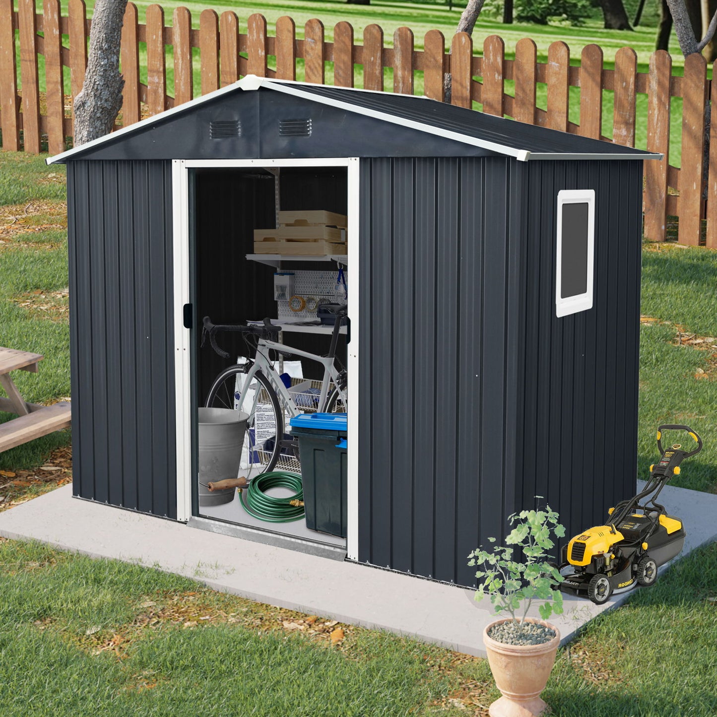 8Ft X 4Ft Outdoor Metal Storage Shed With Window And Metal Foundation For Backyard, Patio, Lawn