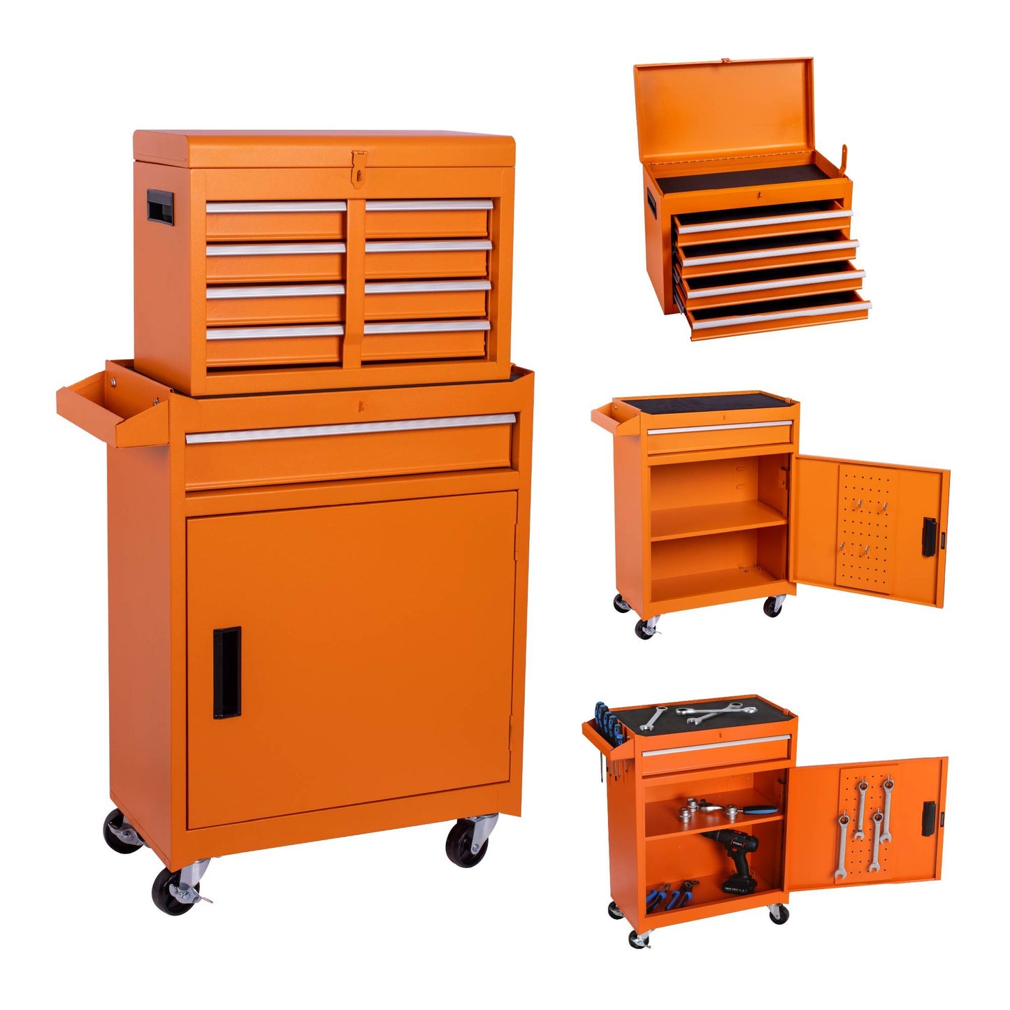Tool Chest, 5 Drawer Rolling Tool Storage Cabinet With Detachable Top Tool Box, Liner, Universal Lockable Wheels, Adjustable Shelf, Locking Mechanism, Metal Tool Cart For Garage Workshop