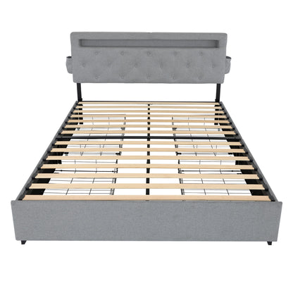 Bed With USB Charging Station, LED Lights, Headboard & Storage Drawers
