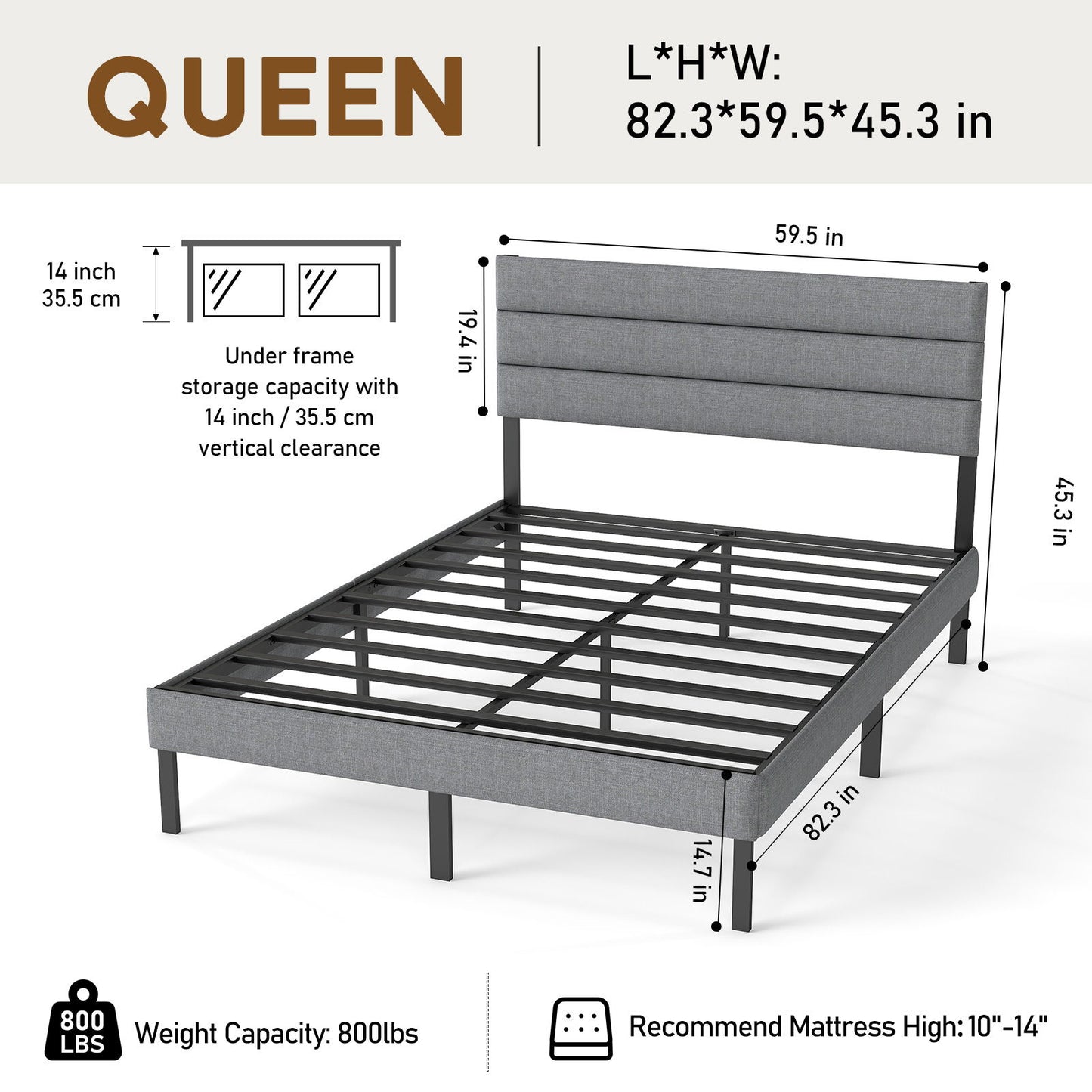 Upholstered Platform Bed Frame With Headboard, No Box Spring Needed, Underbed Storage