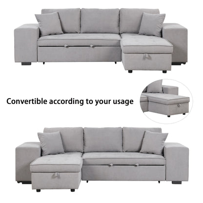 Modern L-Shape 3 Seat Reversible Sectional Couch, Pull Out Sleeper Sofa With Storage Chaise And 2 Stools For Living Room Furniture Set