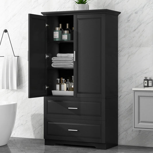 Tall Bathroom Storage Cabinet, Cabinet With 2 Doors And Drawers, Adjustable Shelf