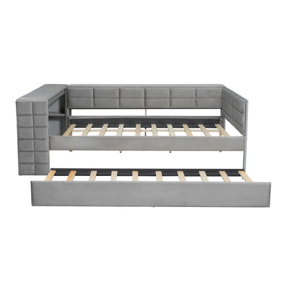 Upholstered Platform Bed With Storage Shelves, Desk, Charging Station And Trundle