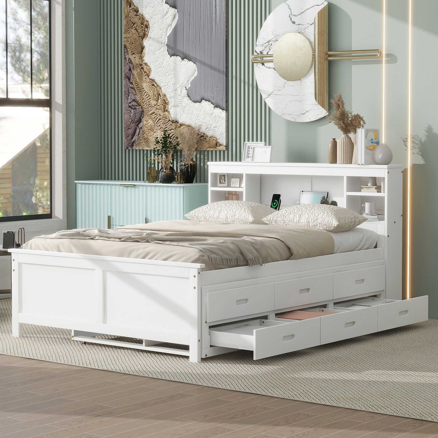 Platform Bed With Storage Headboard, USB, Trundle And 3 Drawers