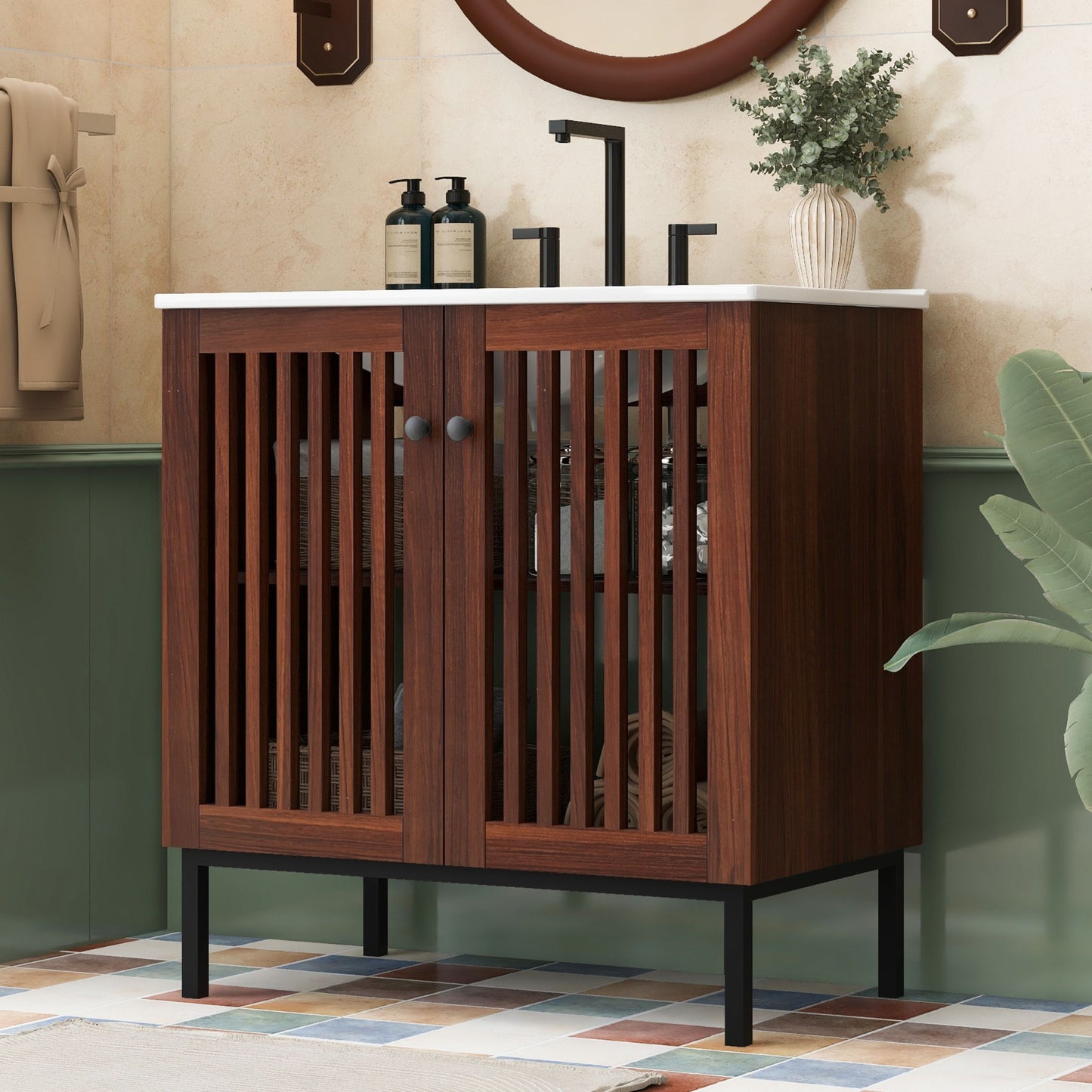 30" Vintage Bathroom Vanity With Ceramic Sink, Modern Bathroom Vanity Cabinet With 2 Soft Close Doors, Equpiied With 4 Sturdy Iron Legs - Antique Dark Brown