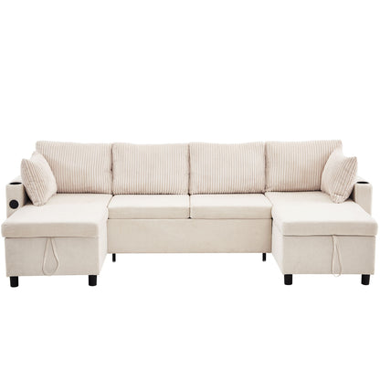 Sectional Sofa Bed With Pull Out Sleeper, USB Ports, Cup Holders