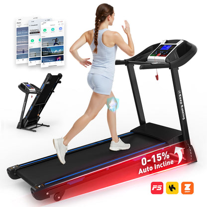 Treadmills For Home, Electric Treadmill With Automatic Incline, Foldable 3.5Hp Workout Running Machine Walking, Double Running Board Shock Absorption Pulse Sensor Bluetooth Speaker App Fitshow - Black