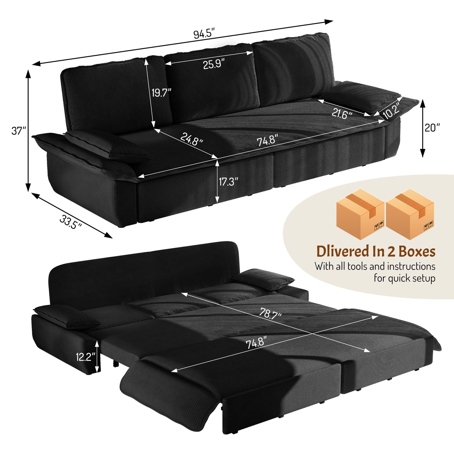 King Size Pull Out Sofa Bed, 3 In 1 Convertible Multifunctional