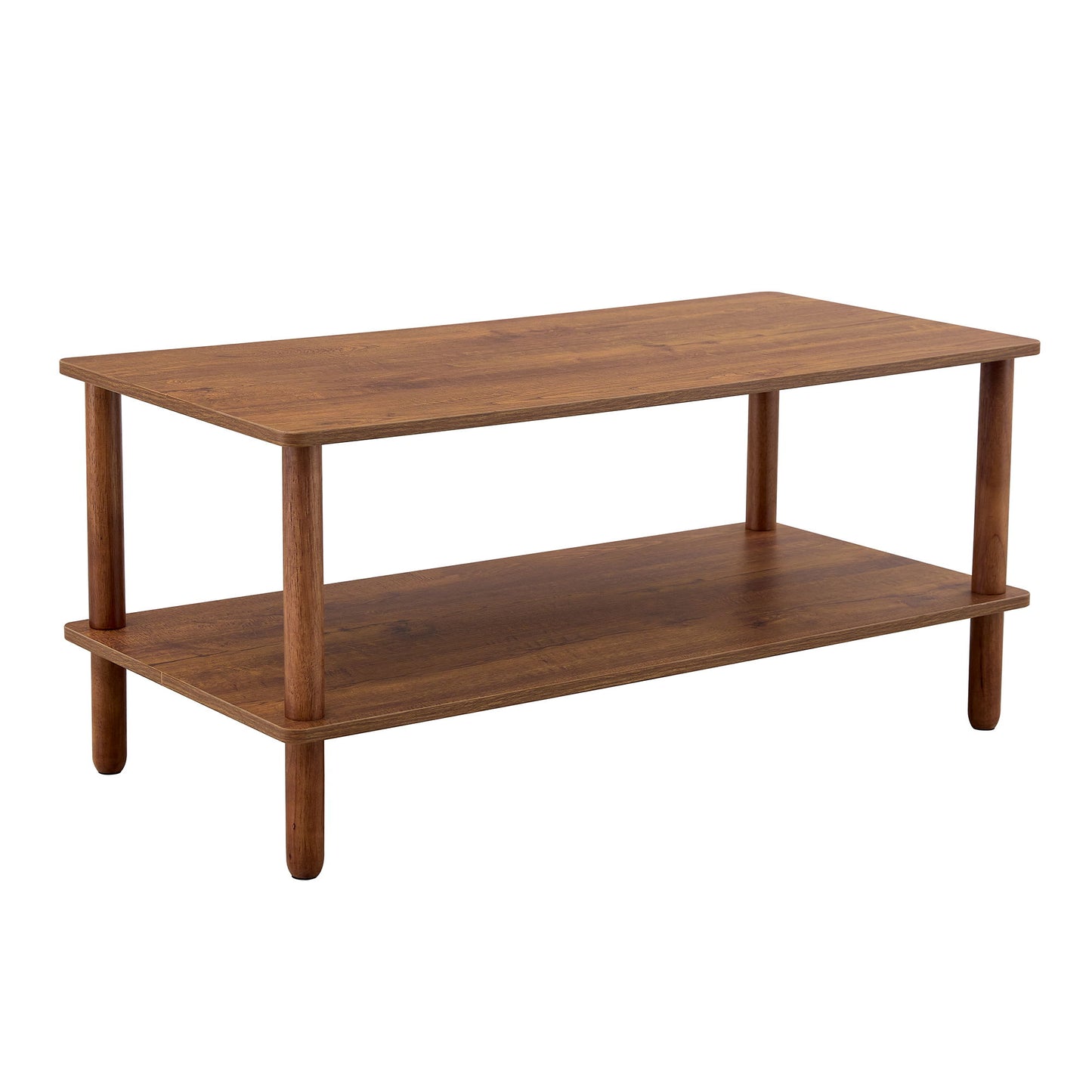 Modern 2 Tier, Rectangular Center Coffee Table With Open Storage Shelf, Rounded Legs