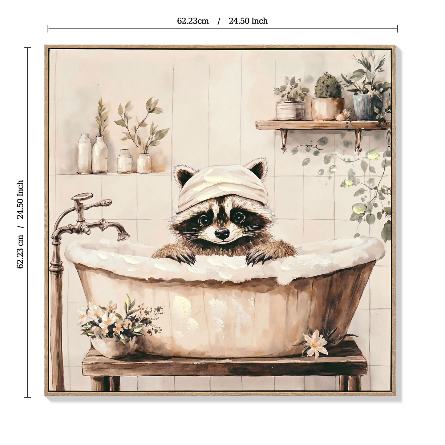 Raccoon Bathroom Canvas Wall Art, Funny Animal, Framed - Black / Ivory