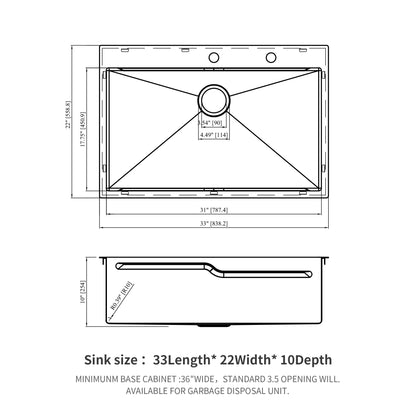 33" Drop In Kitchen Sink With Ledge Workstation, Single Bowl, 16 Gauge Stainless Steel - Black / Gray