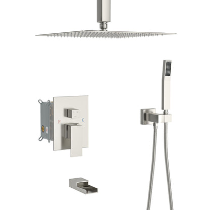 16" Ceiling Mount Square Shower System With Waterfall Tub Spout And Rough In Valve