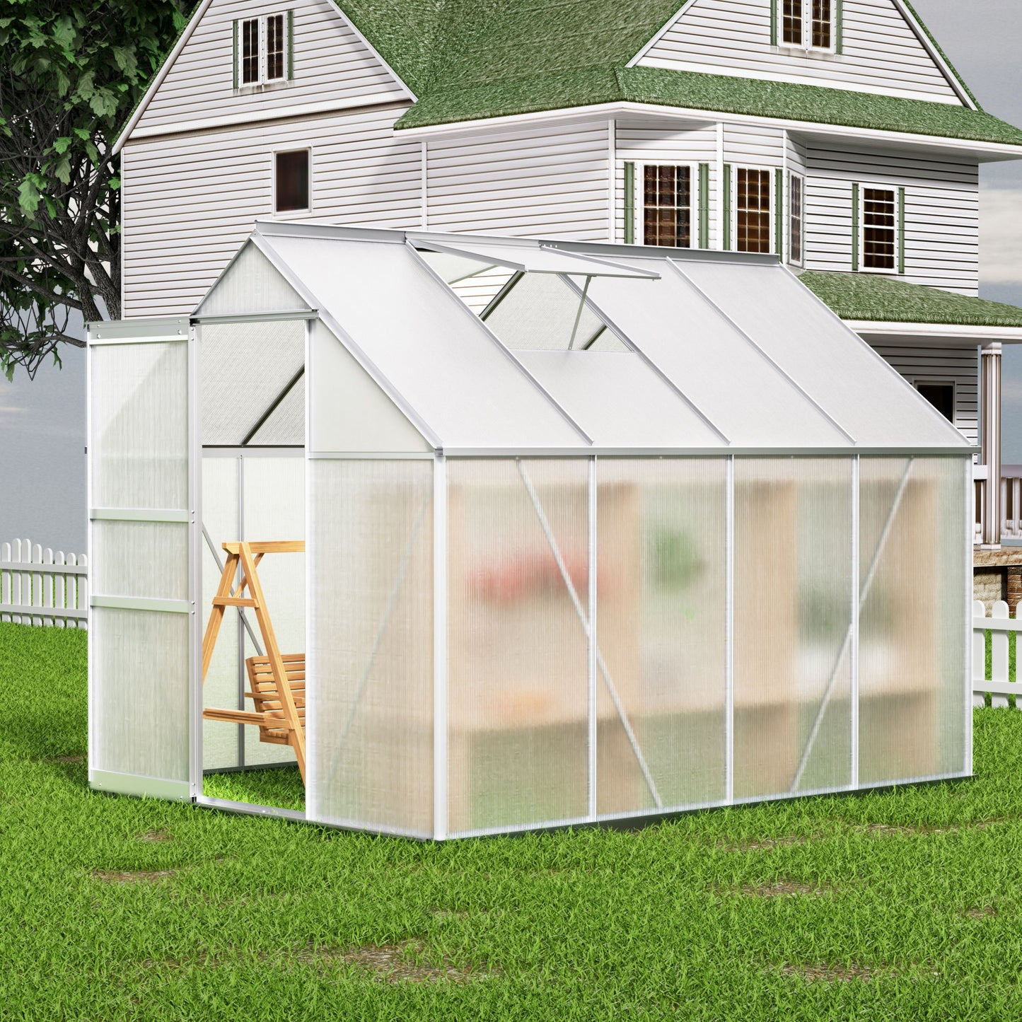 Walk-In Polycarbonate Greenhouse & Roof Vent, Sliding Doors, Aluminum Hobby Hot House For Outdoor