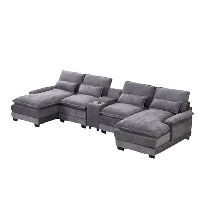 U Shaped Sofa With Console, Cupholders, USB Ports, 6 Seat, Bronzing Suede & Chenille