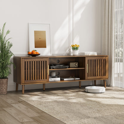 TV Stand With 2 Grille Door Cabinets And Adjustable Storage Rack, Suitable For Medieval Modern TV Cabinets, Entertainment Center With Storage Space - Walnut Wood