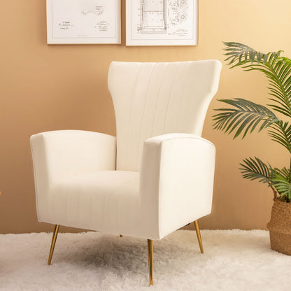 Velvet Wingback Accent Chair With Legs, Upholstered Single Sofa - White