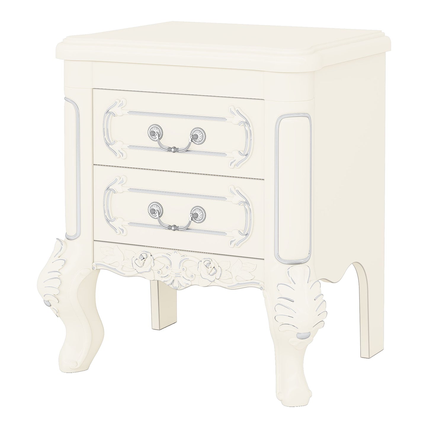 Carved Nightstand With 2 Drawers, Bedside Table - White