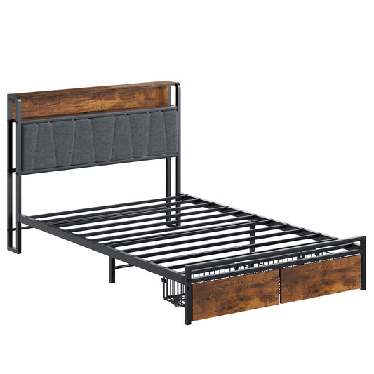 Upholstered Platform Bed Frame With Storage Drawers, USB Ports, LED Lights
