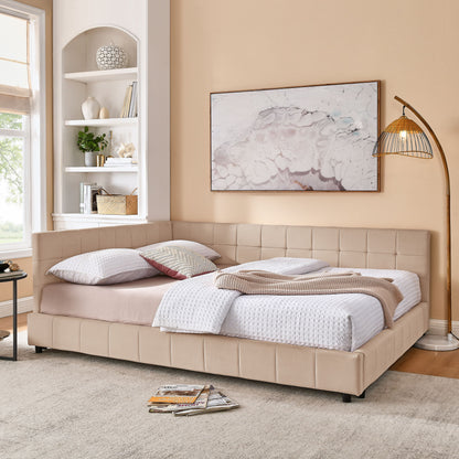 Mid-Century Storage Upholstered Tufted Bed Frame With Backrest And Armrests