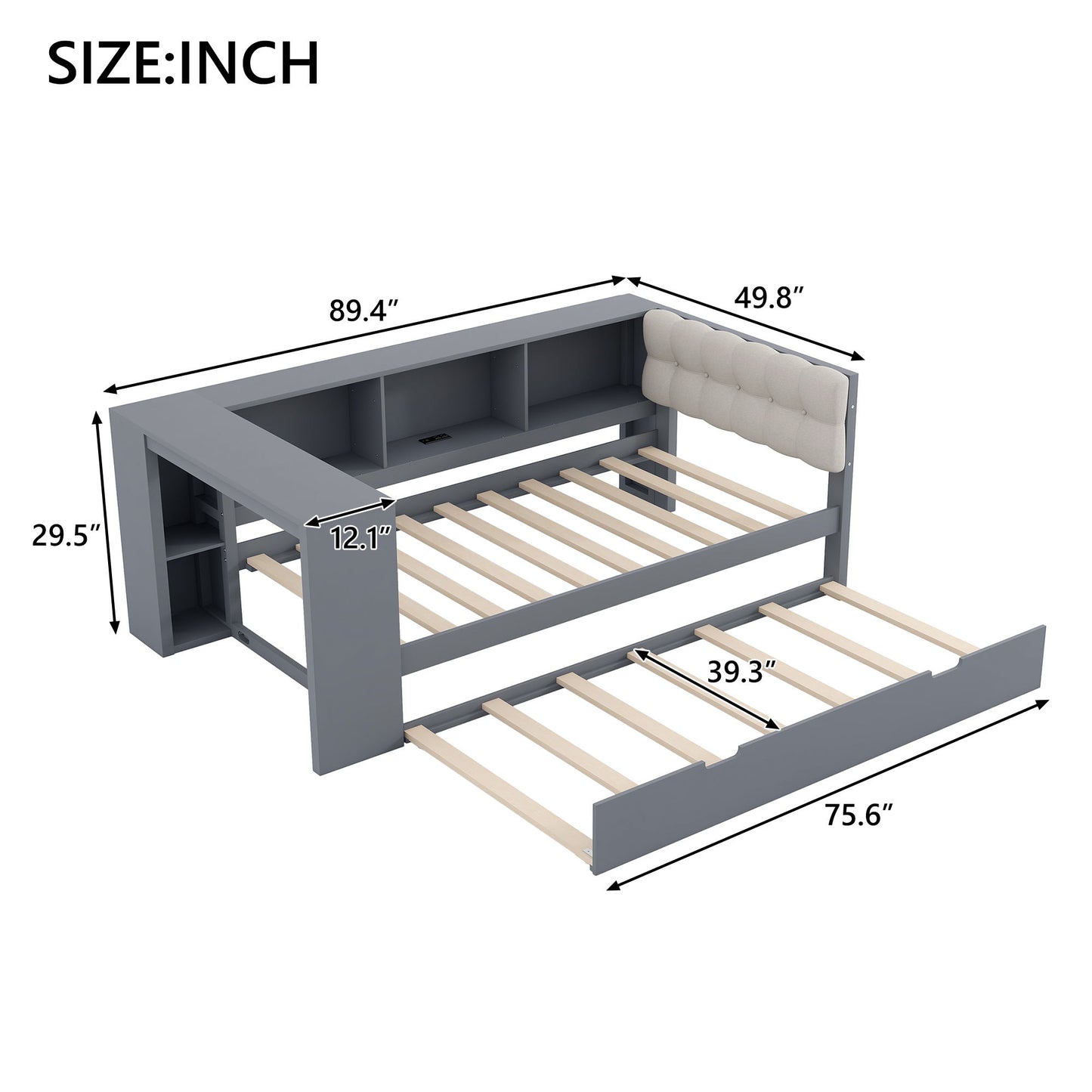 Upholstered Headboard Platform Bed With Storage Shelves, Trundle, Charging Station
