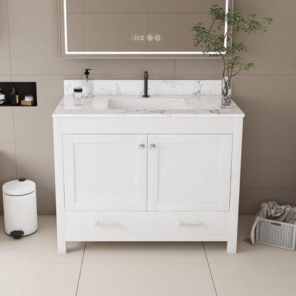 43" Bathroom Vanity With Artificial Marble Carrara Top Set, Multi Functional Cabinet With Doors And Drawer - White