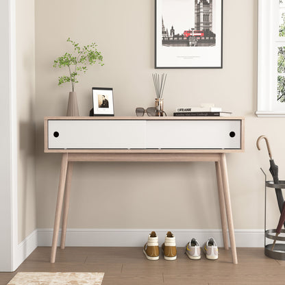 Rustic Entryway Console Table With Sliding White Doors And Wood Legs - Natural