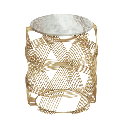 Round Table With Marble Top And Metal Base - Gold / Natural