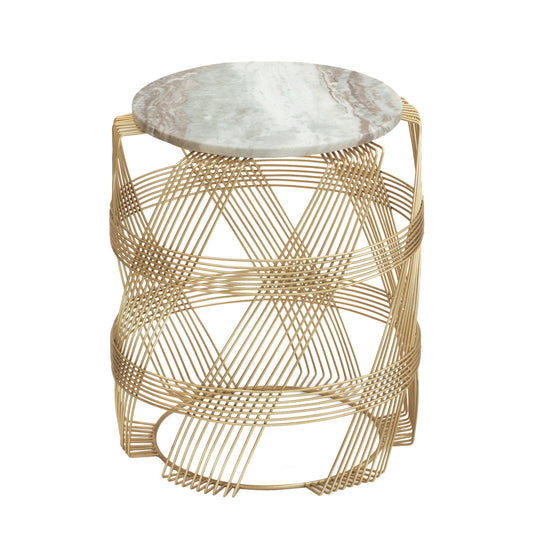 Round Table With Marble Top And Metal Base - Gold / Natural