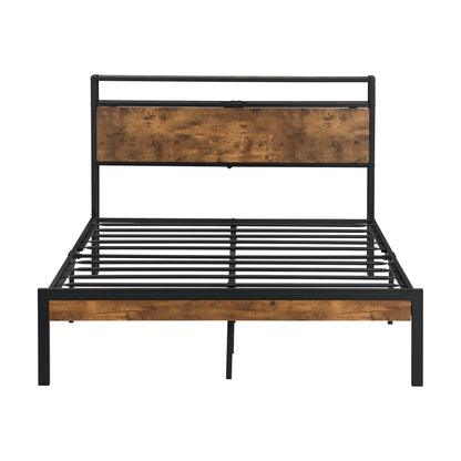 Platform Bed Frame With Wooden Headboard And Footboard, USB Liner
